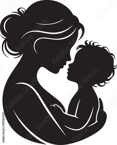Mother and Child Silhouette Vector Set, Mom and Baby Love Illustration in Black and White