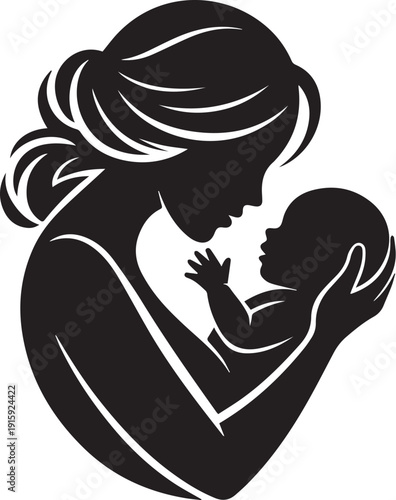 Mother and Child Silhouette Vector Set, Mom and Baby Love Illustration in Black and White