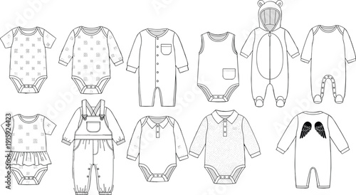 Baby clothes vector set with bodysuits rompers overalls and infant apparel outline illustration collection