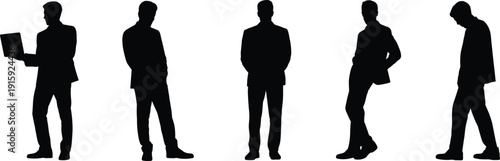 Black silhouettes of five professional businessmen in various poses including walking standing leaning and using a laptop on white background