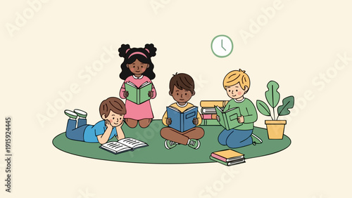 Children Reading Books Together in a Cozy Setting, Promoting Literacy and Education.