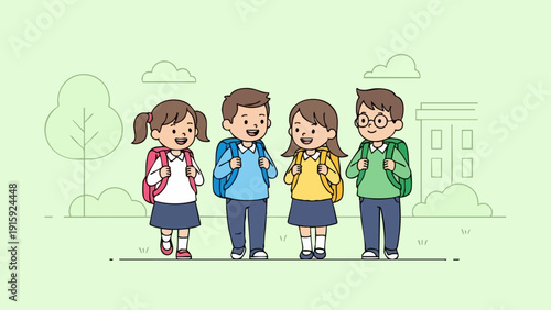 Group of school children walking together with backpacks ready for school.