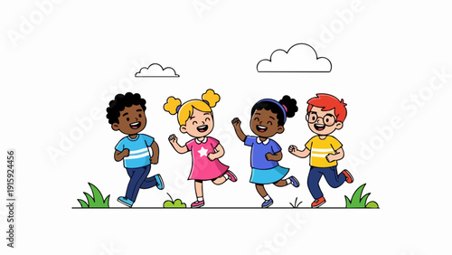 Diverse Group of Children Running and Playing Together Happily.