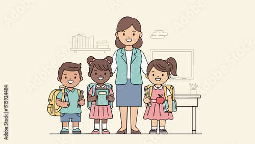 Teacher with students ready for school day in classroom setting.