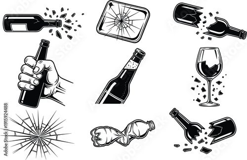 Broken Glass and Bottle Collection Shattered Beer Wine Containers Hand Drawn Vector Illustration Set