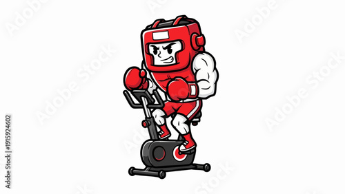 Cartoon Boxer Training on Exercise Bike with Red Gear.