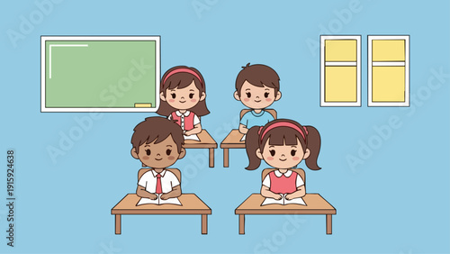 Students in Classroom Learning Together, Cartoon Style Illustration.