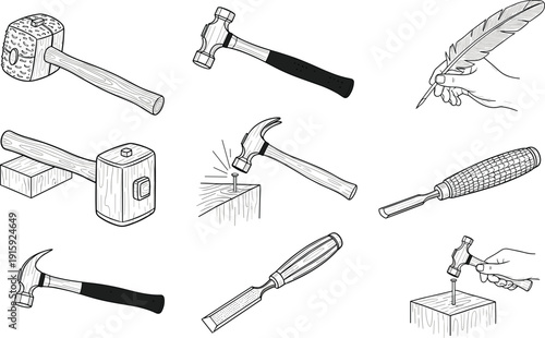 Carpentry tools set with hammer mallet chisel woodworking equipment vector illustration collection design