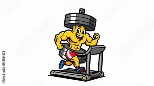 Cartoon character running on treadmill with heavy weight on head.