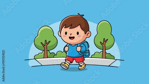 Happy cartoon boy walking with a blue backpack and a cheerful smile.