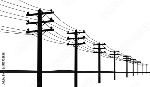 A receding line of silhouetted utility poles with electrical wires against a white sky power line electricity