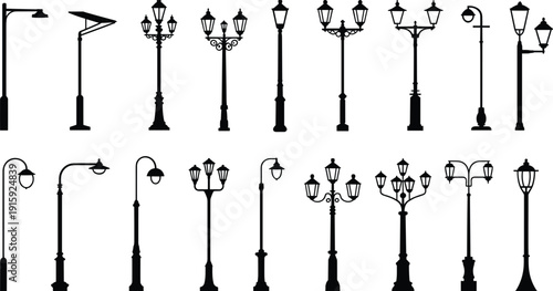 Assortment of vintage and modern street lamp silhouettes on a white background lamp post lighting