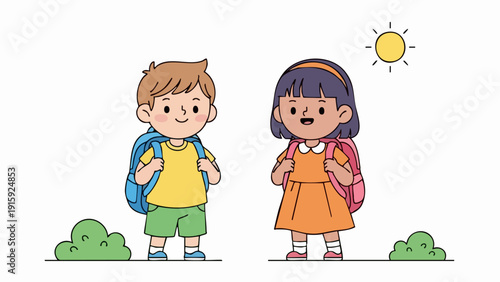 Happy young students with backpacks ready for school.