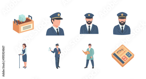 Set of isometric icons with police officers, detective characters, inspector woman, and law enforcement symbols, ideal for security or crime investigation visuals
