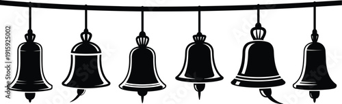 Black silhouette of six hanging bells of various shapes on a white background decoration Christmas