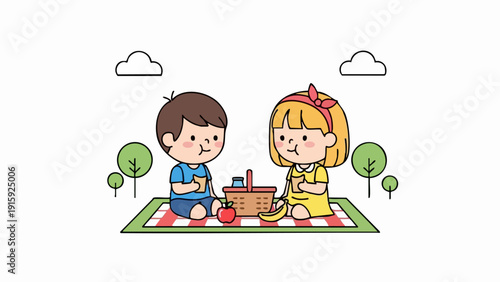 Two cartoon children enjoying a picnic together on a sunny day.
