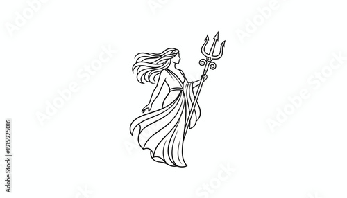 Elegant Woman with Flowing Hair Holding a Trident, Line Art Illustration