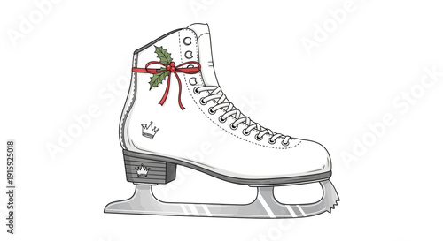 Elegant White Figure Ice Skate with Festive Holly and Red Ribbon Bow