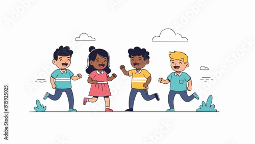 Joyful children running and playing together outdoors in the sunshine.