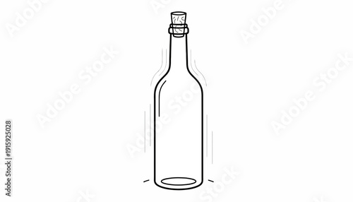 Empty Glass Bottle with Cork Stopper Isolated on White Background - Line Art Illustration