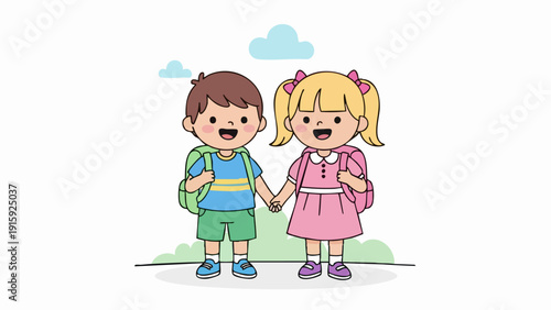 Happy cartoon children holding hands with backpacks ready for school.