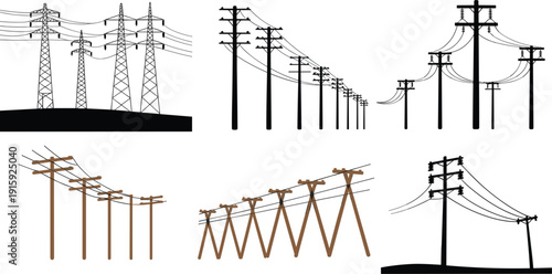 Collection of diverse electricity transmission towers and utility poles in silhouette power line infrastructure