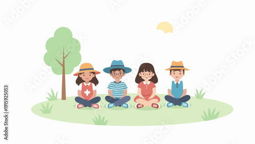 Group of Children Meditating Outdoors in a Peaceful Setting.