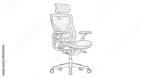 Ergonomic Office Chair with Headrest and Lumbar Support - Line Art Illustration