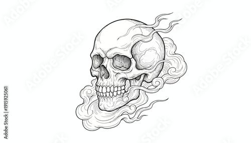 Ethereal Skull with Wisps of Smoke, Tattoo Art Style