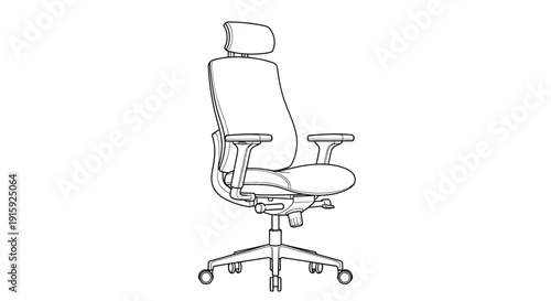 Ergonomic Office Chair with Headrest and Wheels - Line Drawing
