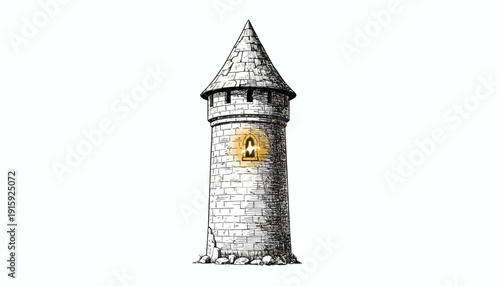 Fairytale Castle Tower with Glowing Window, Fantasy Medieval Architecture, Enchanted Princess Silhouette