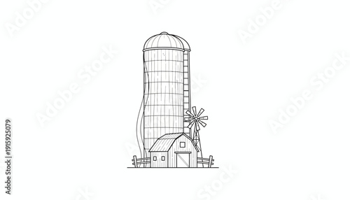 Farm Silo, Barn and Windmill Sketch - Rustic Countryside Scene