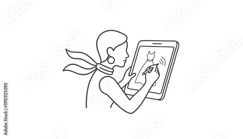 Fashion Designer Sketching Dress on Tablet, Creative Digital Art, Modern Style