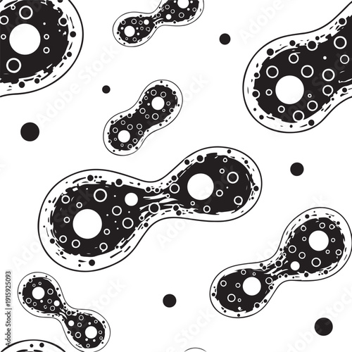 Black and white illustration of various amoeba like cells with internal circular structures
