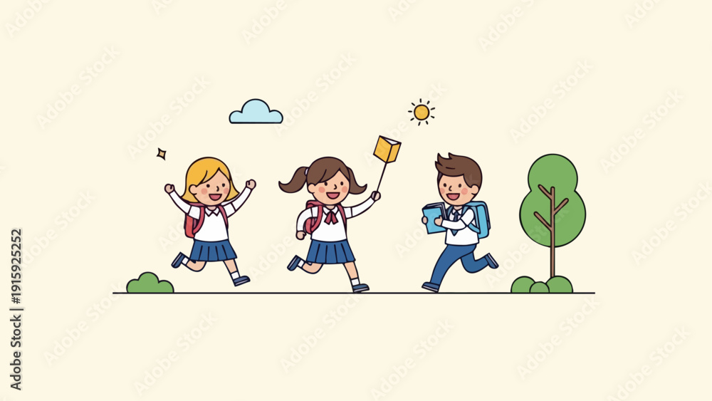 Fototapeta premium Happy school children running and playing together in the park on a sunny day.
