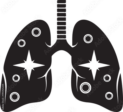 Stylized black and white illustration of human lungs with anatomical details and star shapes
