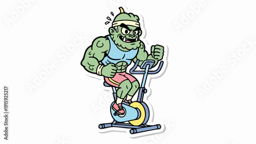 Cartoon monster exercising on stationary bike for fitness and health.