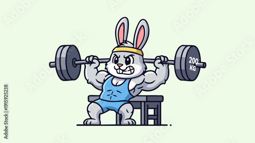 Cartoon Bunny Weightlifter with Barbell on Bench Press.