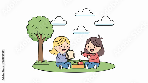 Two cheerful girls enjoying a picnic outdoors with food and drinks.
