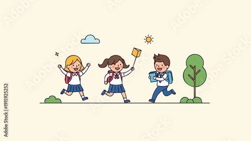 Happy school children running and playing together in the park on a sunny day.