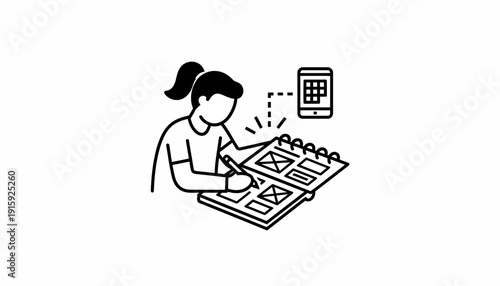 Designer sketching app interface wireframes on notebook, mobile phone inspiration