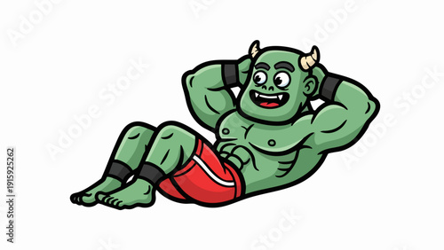 Cartoon green monster doing sit ups exercise for fitness training.
