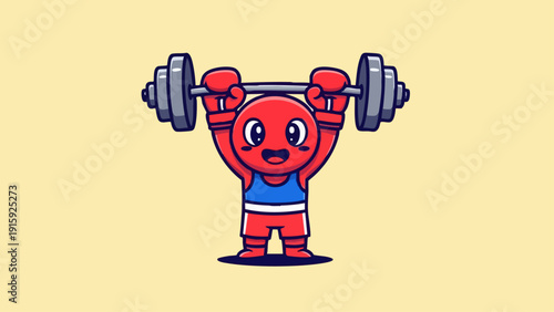 Cartoon character lifting barbell wearing boxing gloves and shorts.