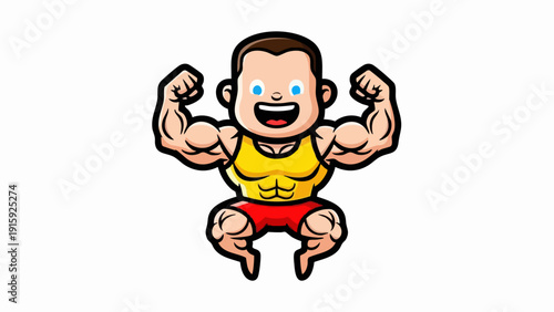 Muscular cartoon bodybuilder flexing biceps with happy expression.