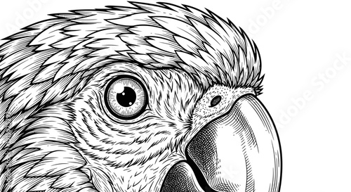 Detailed Black and White Illustration of a Macaw Parrot's Head, Close-Up