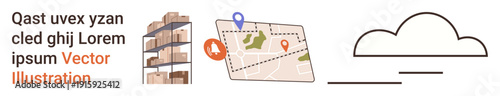 Logistics, storage management, digital navigation, cloud computing, location tracking, supply chain. Warehouse shelves with boxes, map with location pins and a cloud icon. Logistics and storage
