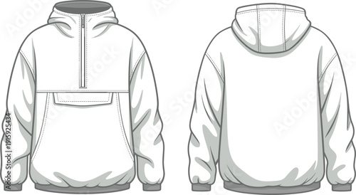 White hoodie front and back view, apparel mockup, hooded sweatshirt design, casual clothing template, isolated vector illustration