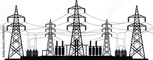 High Voltage Electrical Substation With Power Lines And Towers illustration