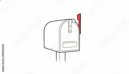 Classic American Mailbox with Red Flag Raised, Simple Line Drawing Illustration