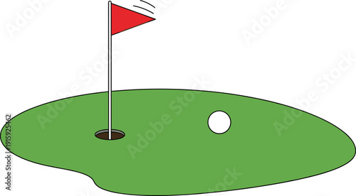 Golf hole flag vector illustration, putting green course with ball, sport equipment icon isolated design for tournament concept